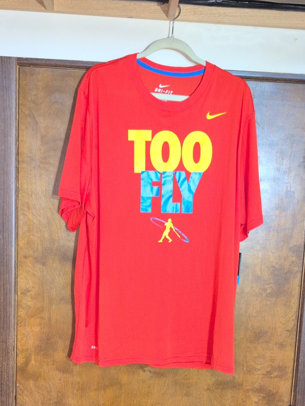 Nike Red/Orange 'Too Fly' Graphic Tee with Yellow and Blue Accents Size 2XL